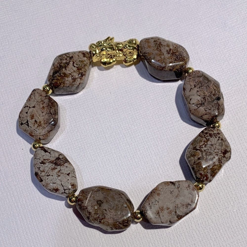 HANDMADE Chunky Brown Gemstone Bracelet w 24K Gold Plated Pixiu Goldtone Beads